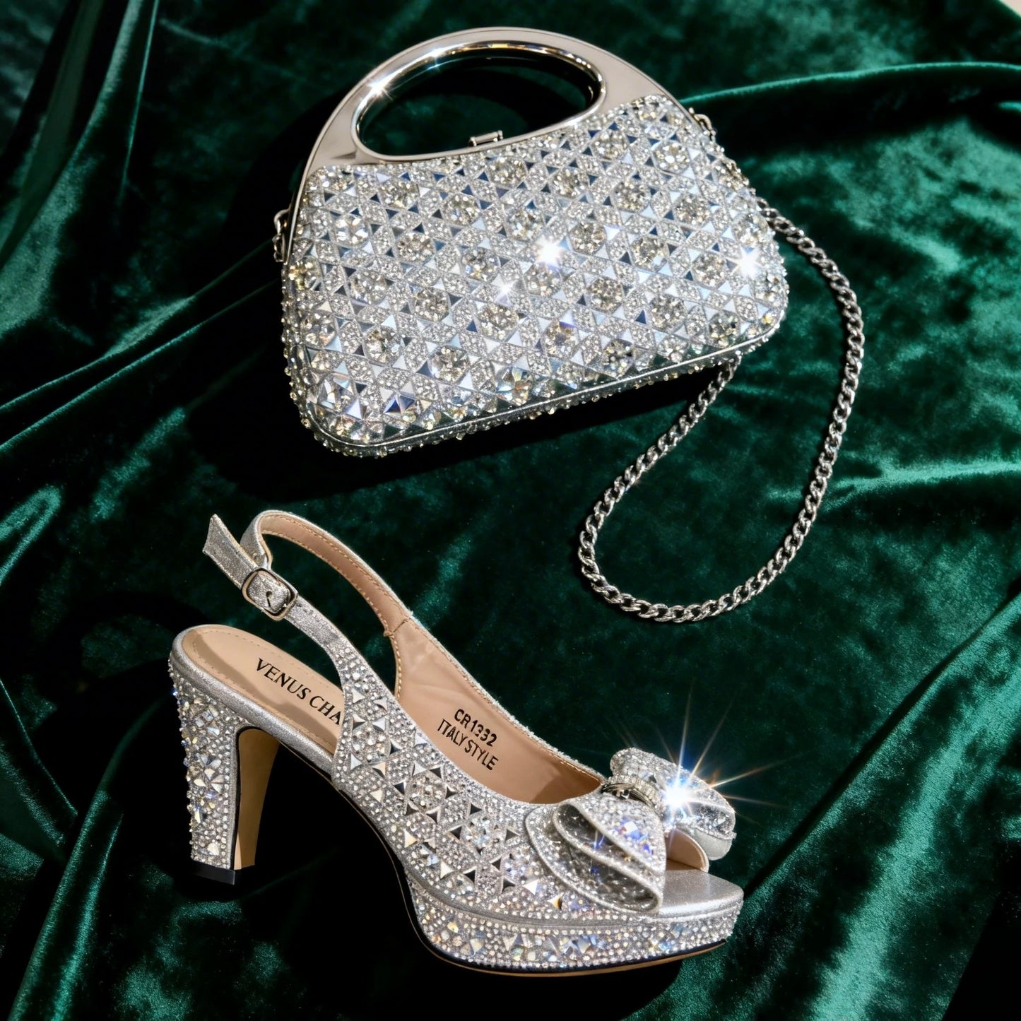 2026 Women’s Italian Gold High Heels with Rhinestone Detail & Matching Bag Set - Stylish Pointed Toe Design
