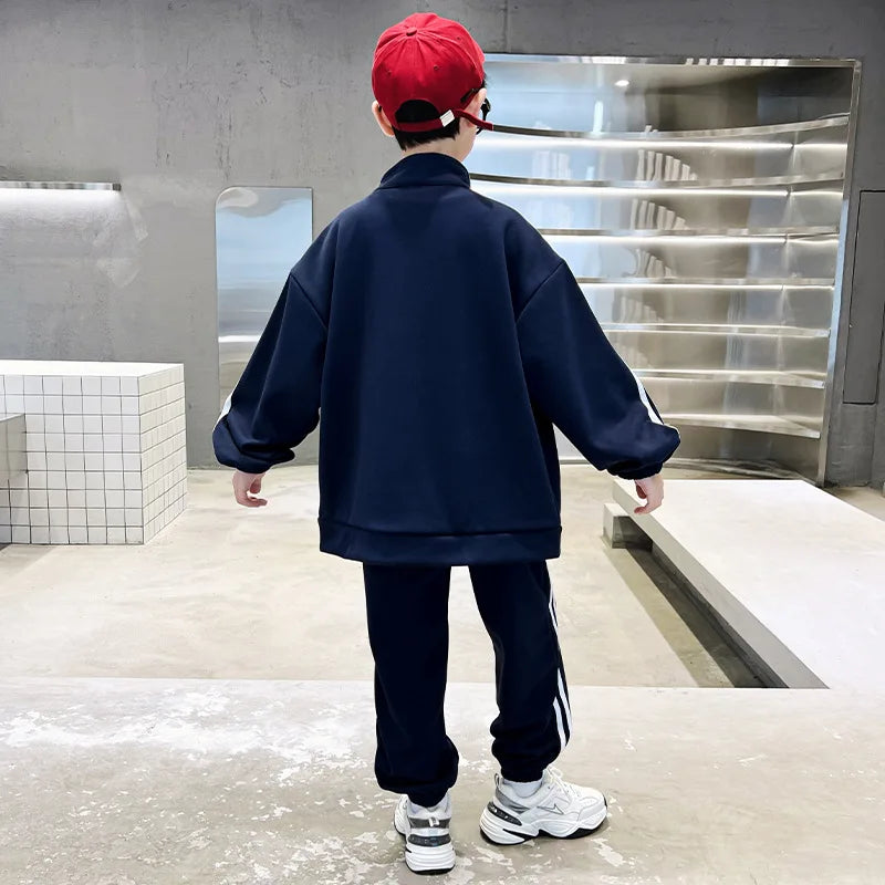 Spring Autumn Boys Navy Striped Zip Sweatshirt Coats+Sweatpant Sets School Kids Tracksuit Children Outfit Jogging Suit 3-14Yrs