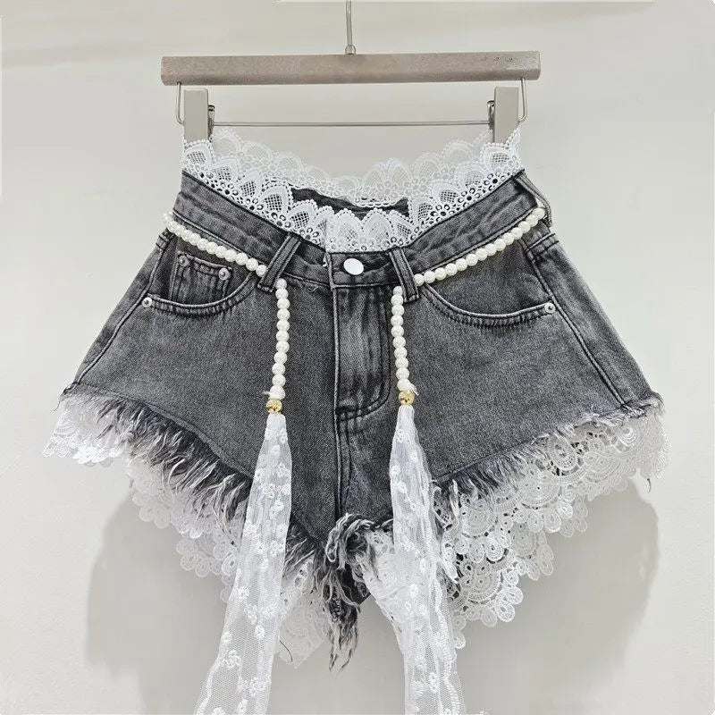2026 Summer Denim Shorts New Splicing Hook Flower Lace Lace with Waist Rope Tassel Denim Shorts Women's Hot Pants Trend