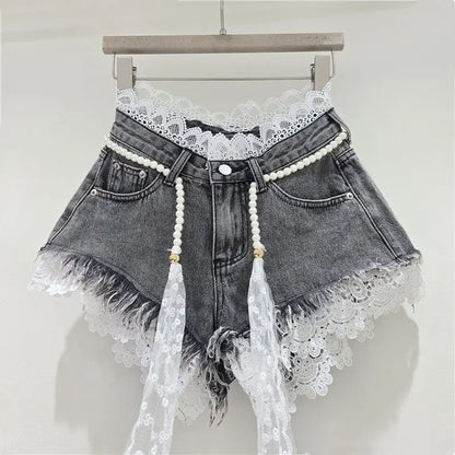 2026 Summer Denim Shorts New Splicing Hook Flower Lace Lace with Waist Rope Tassel Denim Shorts Women's Hot Pants Trend