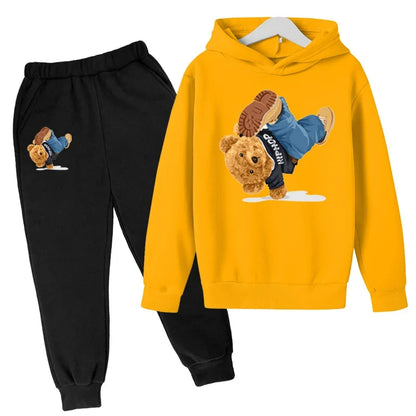 Kids Hoodie Set Cotton Top Pants 2pcs Sets Spring/Autumn Children's Clothing Street Dance Cartoon Bear Print Boys Girls Tops