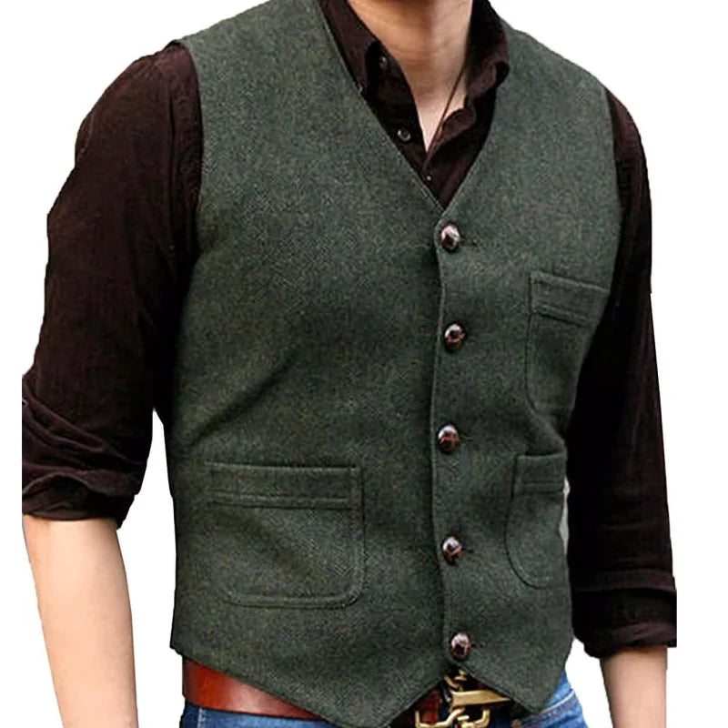 Men Vest Dark Green Herringbone Single Button V Neck With Pocket Waistcoat For Wedding Banquet Business Casual Work Men Suit