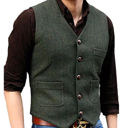 Men Vest Dark Green Herringbone Single Button V Neck With Pocket Waistcoat For Wedding Banquet Business Casual Work Men Suit