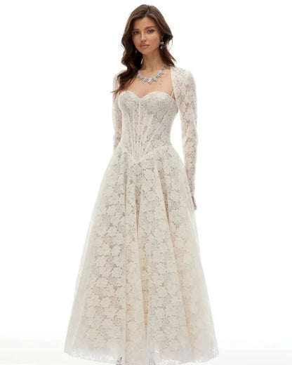 Customized Elegant Women Lace Ruched Pleat A-line Evening Dress Simple Retro Spaghetti strap Long Sleeves Ankle Length Dresses