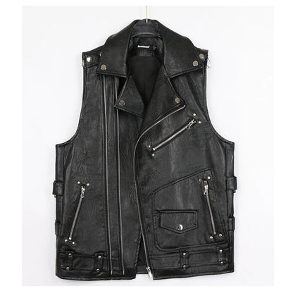 Autumn Black Motorcycle Pu Leather Vest Men Zipper Pockets Plus Size Faux Leather Biker Sleeveless Jacket 4xl 5xl