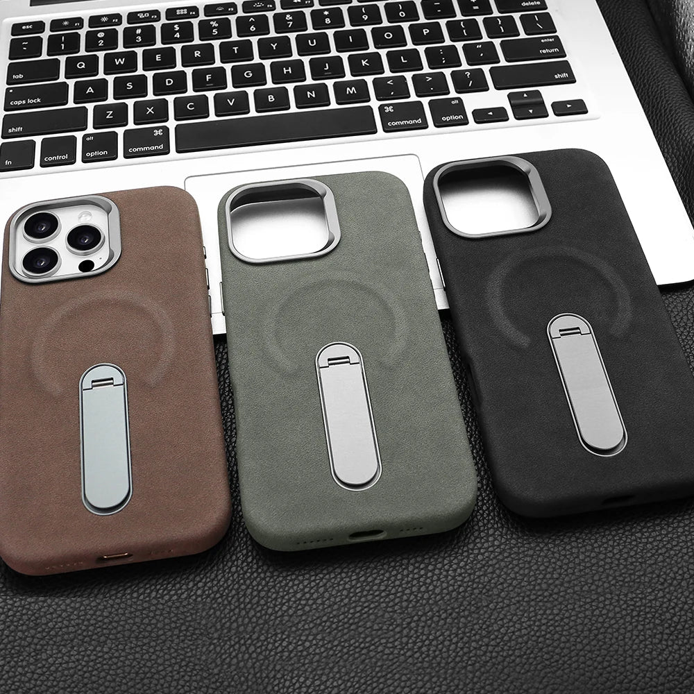 For iPhone 17 Pro Protective Case With Metal Rotatable Kickstand Suede Artificial Leather Phone Case For iPhone 17 16 15 Pro Max