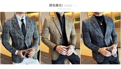 High Quality Meteor Grid Suit Jackets Men British Style Slim Fit Business Casual Fashion Blazers Formal Men Wedding Party Tuxeds