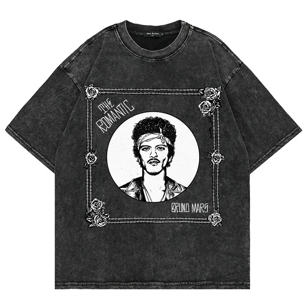 100% Cotton Vintage Washed Bruno Mars The Romantic Tour 2026 T Shirt Fashion Men/Women Retro Oversized Loose Acid Wash Tee Shirt