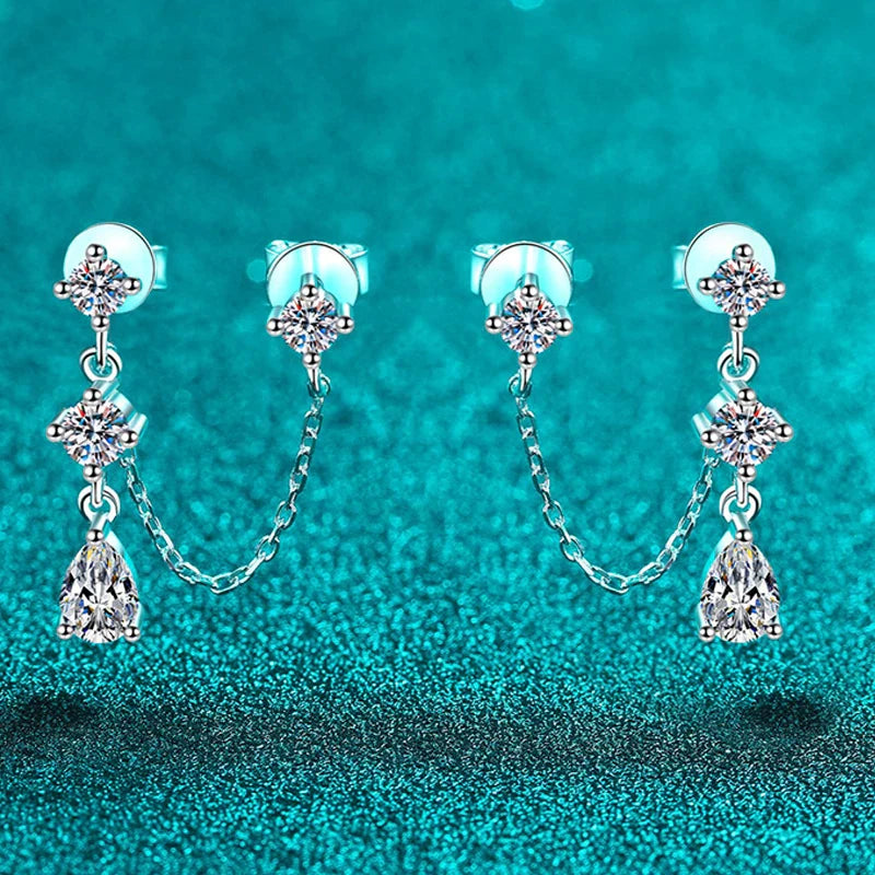 Round/pear Cut Full Moissanite Tassel Stud Earring for Women 8 Gems Wedding Jewelry 925 Solid Silver Plated 18K Wholesale