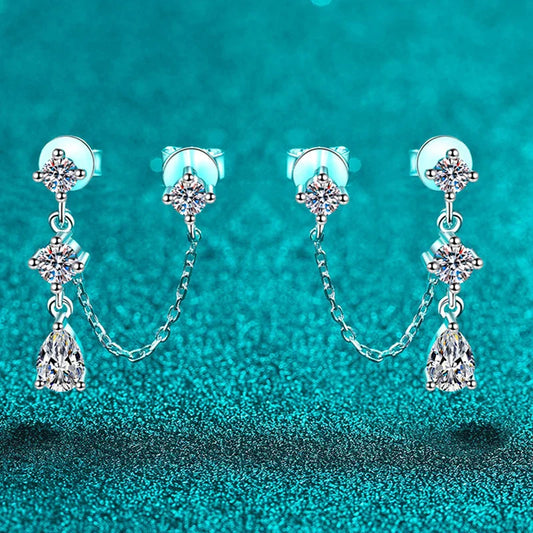 Round/pear Cut Full Moissanite Tassel Stud Earring for Women 8 Gems Wedding Jewelry 925 Solid Silver Plated 18K Wholesale