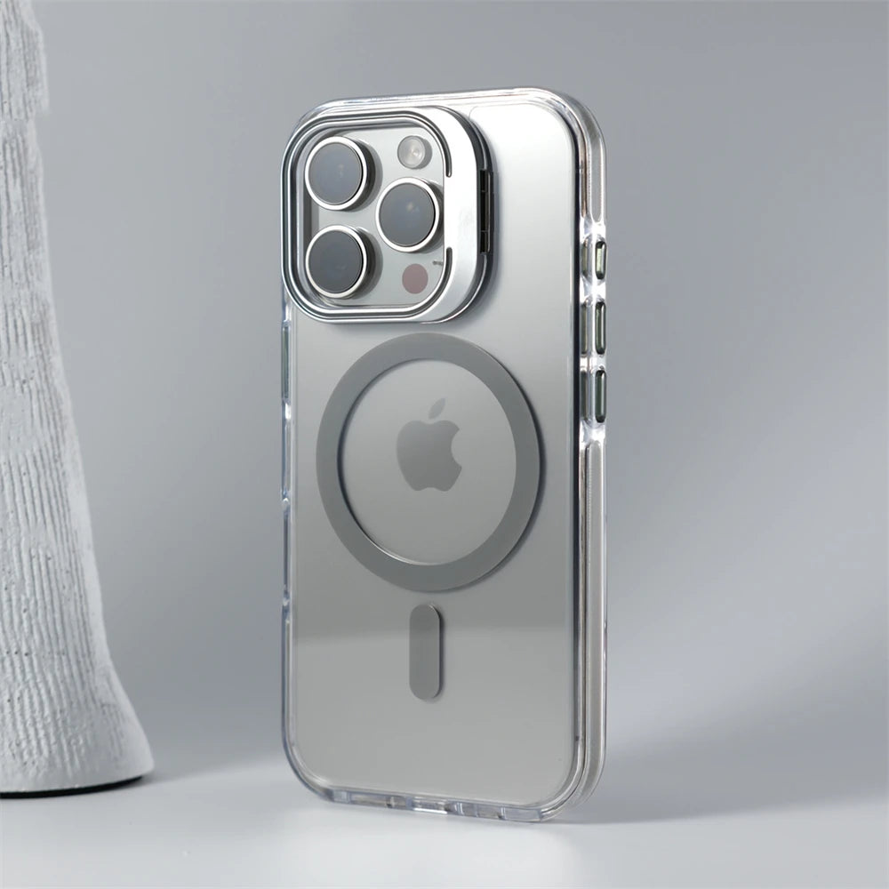 Luxury Lens Holder Shockproof Magnetic Case For iPhone 16 15 14 Plus 13 12 17 Pro Max 17Air 16e Magsafe Fashion Clear Cover
