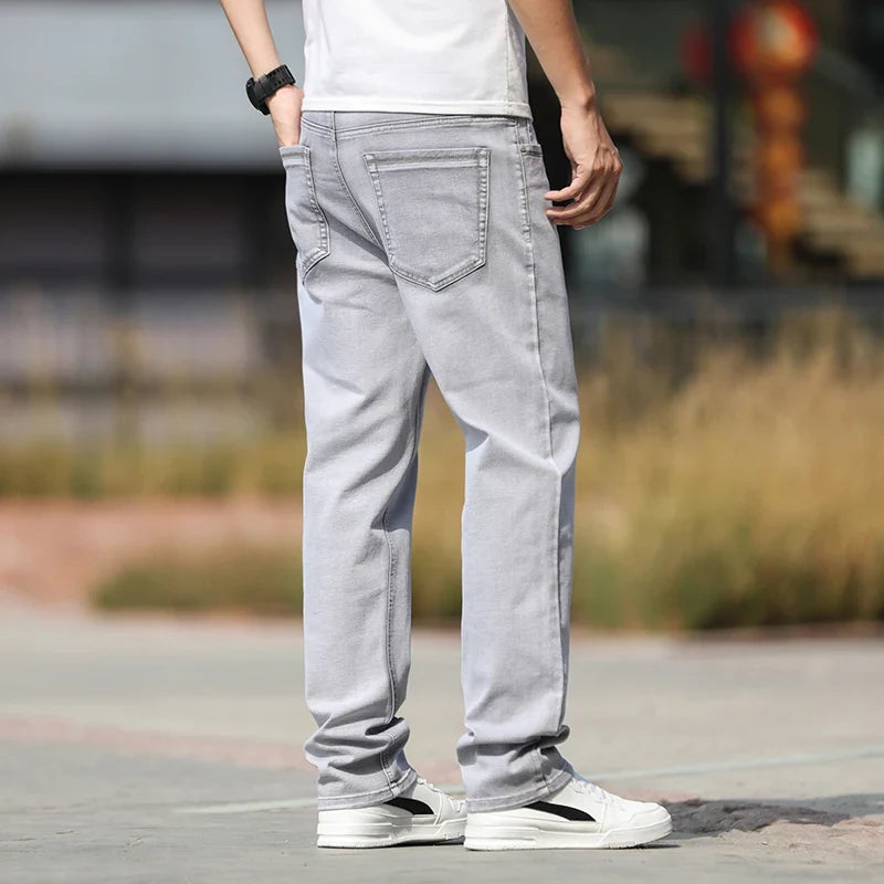 2026 Summer Brand New Men's Straight Loose Thin Jeans Simple Casual Clothing Lightweight Cotton Stretch Light Grey Jeans