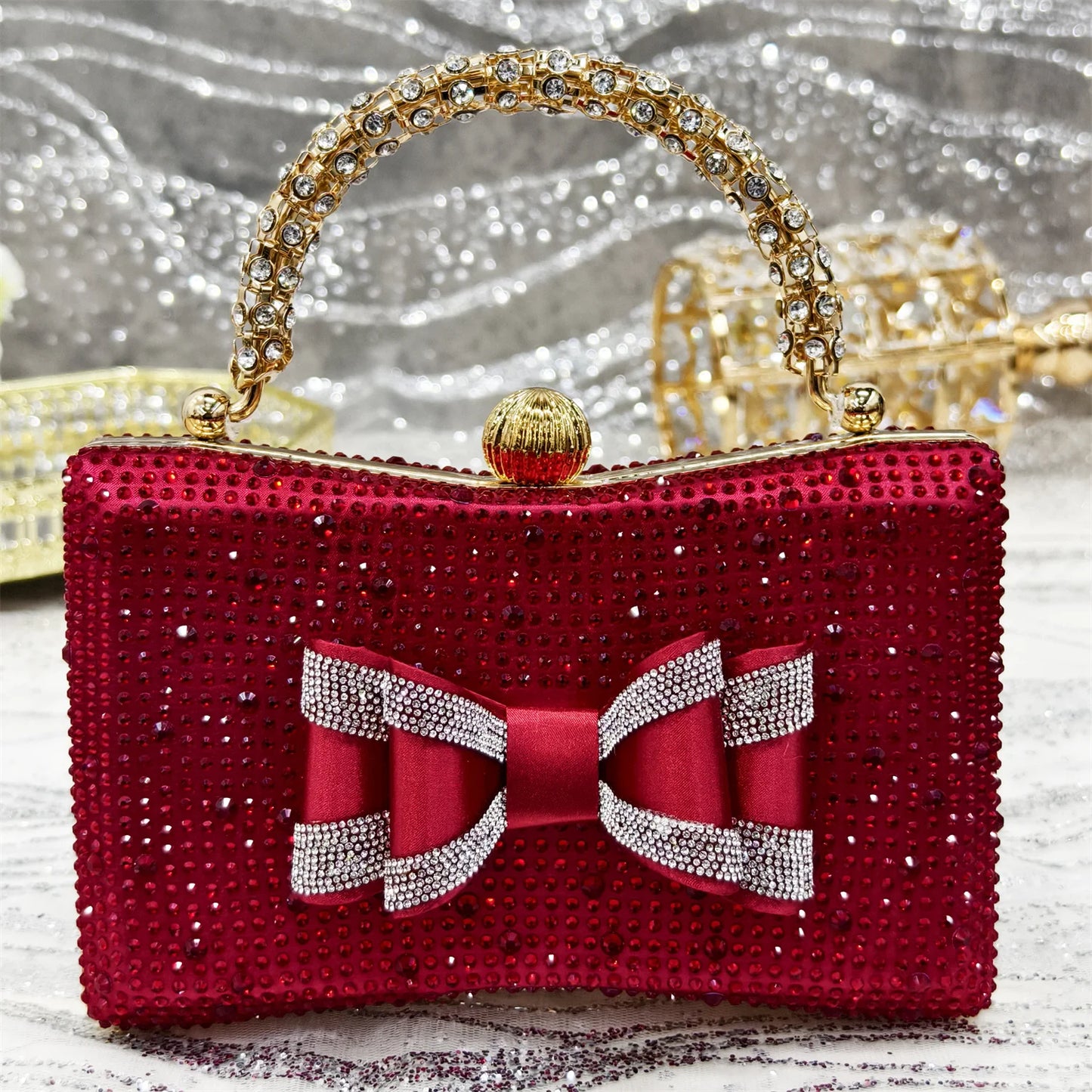 Elegant Gold Satin Rhinestone Bow Slingback Heel & Clutch Bag Set, Women Bridal Matching Kit For Wedding Party Evening Prom Form