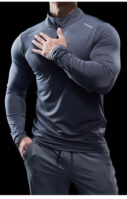 Men Stand Collar Zipper T-shirt Gym Running Training Fitness Bodybuilding Sport Top Quality Elastic Long Sleeve Tight Tops Tees