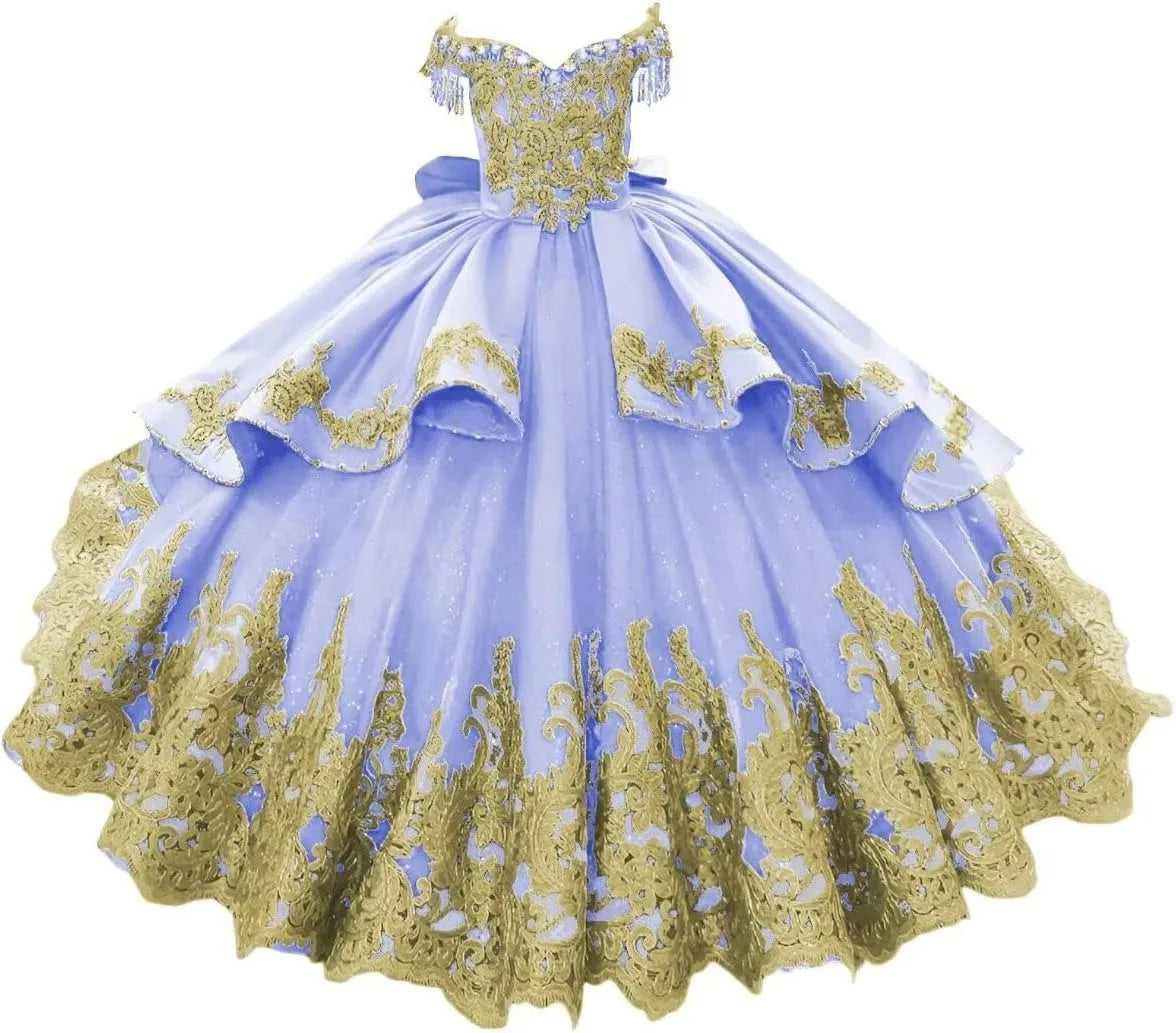 Off Shoulder Flower Girl Dress for Wedding 2-14 Kids Gold Appliqued Tiered Tulle Princess Pageant Dress With Bow/Tassel Custom