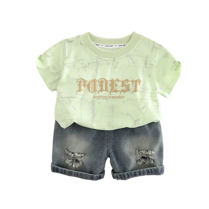 New Summer Baby Boys Clothes Suit Children Fashion  Letter Pocket T-shirt Denim Shorts 2Pcs/Set Toddler Clothing Kids Tracksuits