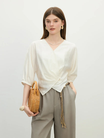 V-Neck Relaxed Casual Design Women's Short Sleeve Linen Shirt - 2025 Summer New Arrival Shirts For Women 25FS12418