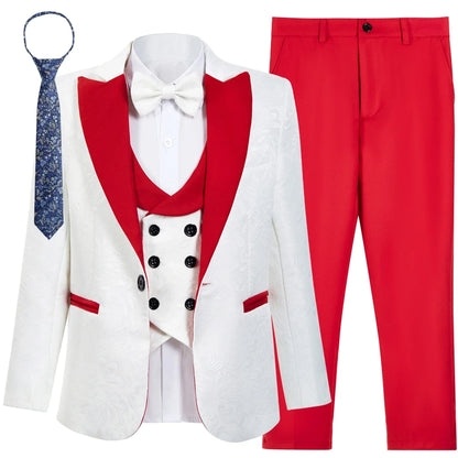 SHIP TODAY Boy's Jacquard Suit for Formal Occasion, Wedding Ring Bearer Suits, Luxury 5-Piece Set Jacket Vest Pants Bowtie & Tie