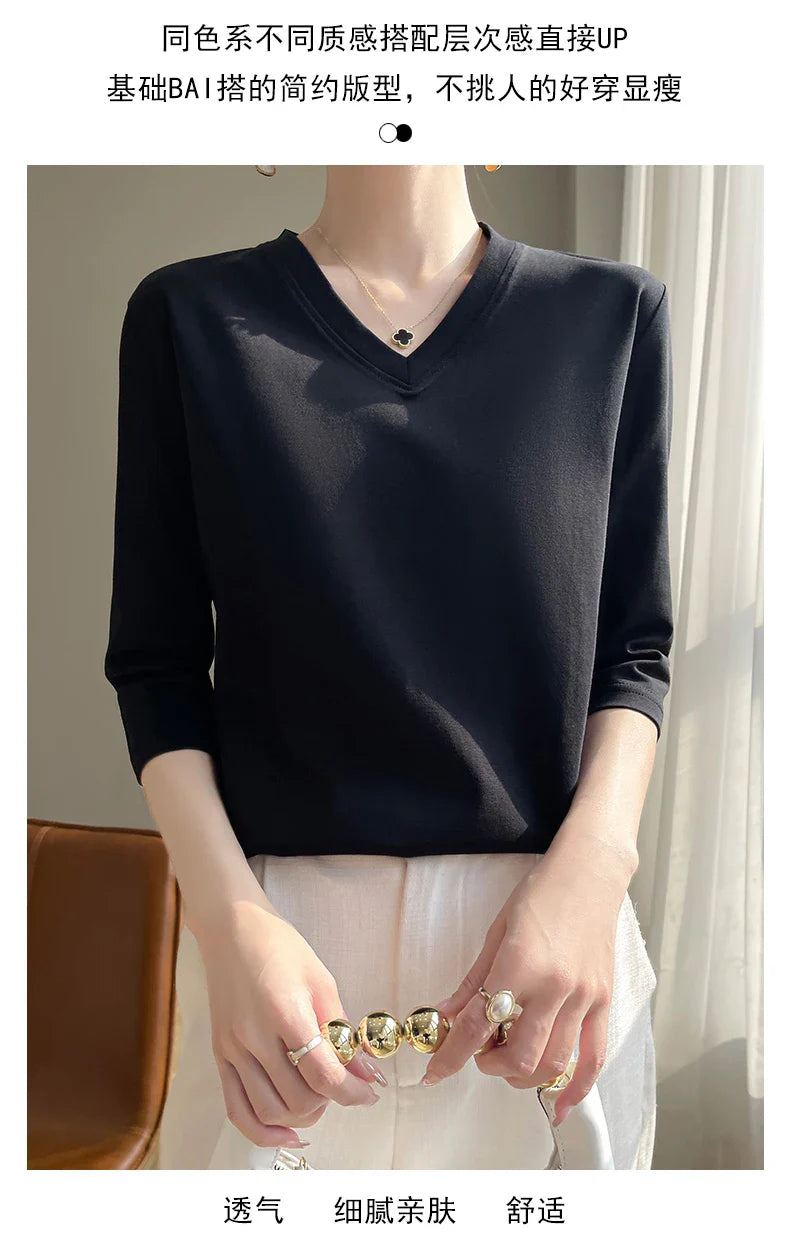 Spring And Summer New Cotton V-neck T-shirt Short-Sleeved Women's Half-Sleeve Bottoming Shirt High-End Cropped Sleeve Top