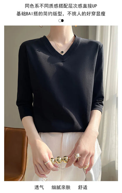 Spring And Summer New Cotton V-neck T-shirt Short-Sleeved Women's Half-Sleeve Bottoming Shirt High-End Cropped Sleeve Top