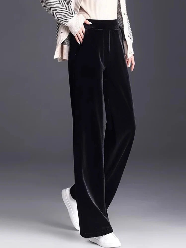 Women's pants with many reviews flared pants ice silk pants wide leg pants, high waisted blue loose straight leg pants 6XL