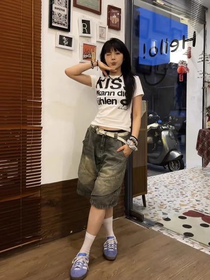Karrram Japanese Y2k Letter Print T-shirt Trashy 2000s Style Crop Top Vintage Harajuku Short Sleeve Tee Shirt American Retro 90s