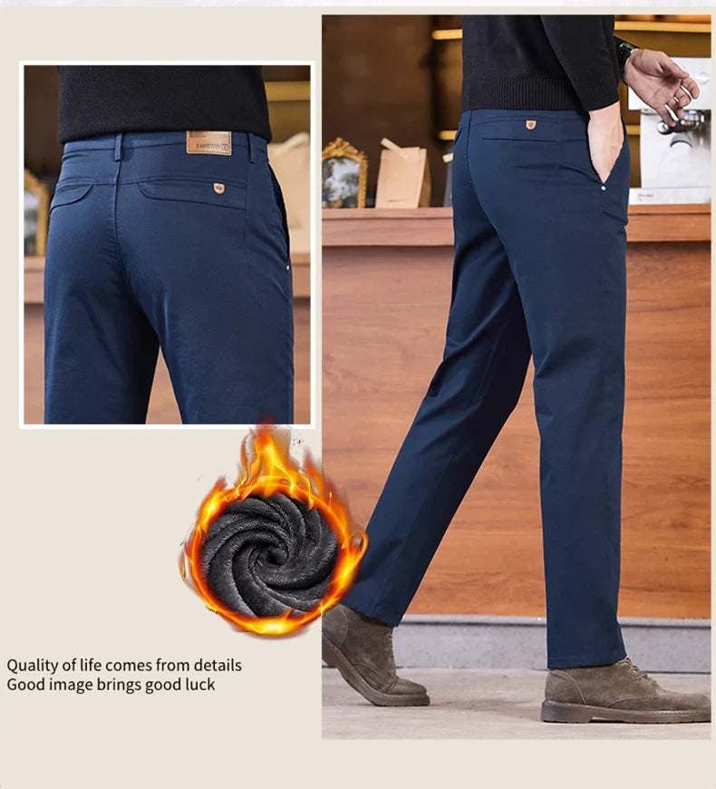 2025 Winter Fleece Pants Men's Pocket Fashion Thickened Cotton Stretch Comfort Plush Straight Business Pants Male