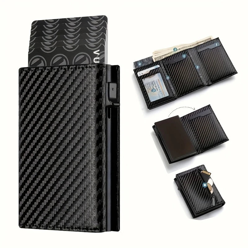 Portefeuille Homme avec Porte-Monnaie Zippé Porte-Cartes de Crédit Métallique à Éjection Automatique Bloqueur RFID Minimaliste Porte-Cartes de Visite Idée Cadeau