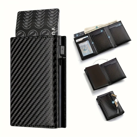 Portefeuille Homme avec Porte-Monnaie Zippé Porte-Cartes de Crédit Métallique à Éjection Automatique Bloqueur RFID Minimaliste Porte-Cartes de Visite Idée Cadeau