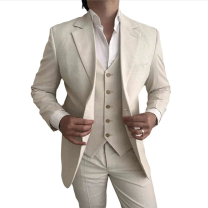 3 Pieces Linen Men Suits for Beach Party Slim Fit Beige Wedding Tuxedo for Groom Prom Male Fashion Suit Blazer with Vest Pants