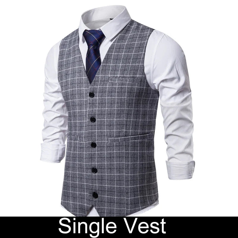 2026 Man Waistcoat Slim Plaid Business Casual Male Suit Vest V-neck Sleeveless Breathable Wedding Party Vest for Men