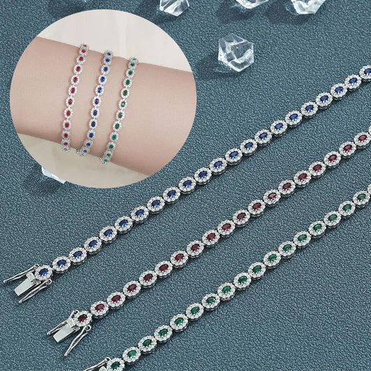 Bracelet en Moissanite Rouge Bleu Vert Véritable Or Blanc 18 carats pour Femmes, Platine Pt950, Diamant Simple Rangée, Cadeau Polyvalent