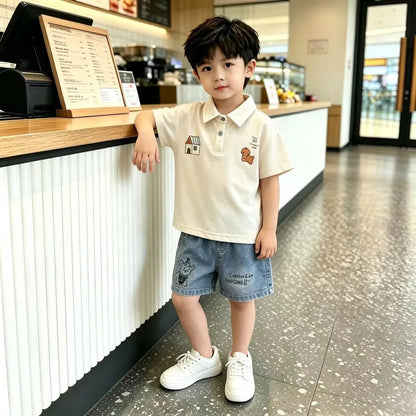 New Toddler Summer Baby Boys Clothes Suits Children Cartoon Polo T-Shirt + Denim Shorts 2Pcs/Set Infant Kids Fashion Tracksuits
