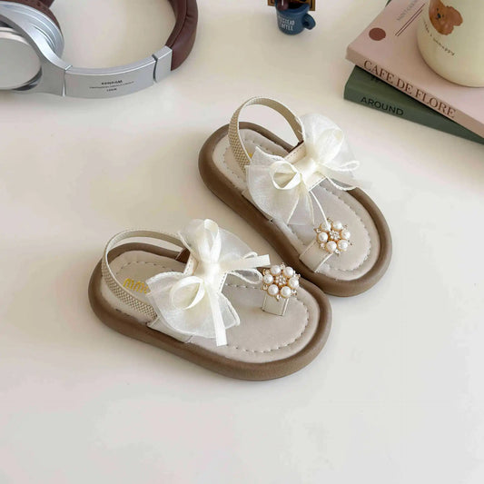 Brand Designer Ribbons Sandals for Girls Beaded Flip Flop Evening Party Dress Shoes Tulle Bow-tie Child Shoes Girl Sandal I06034