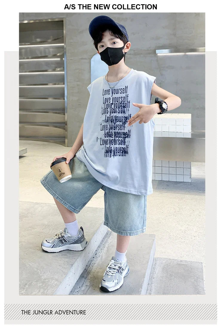 2025 New Summer Outfit Sets for Boys Sleeveless Tshirt And Denim Shorts 2 Pieces Tracksuit Kids Child Stylish Sports Suits 5-14Y