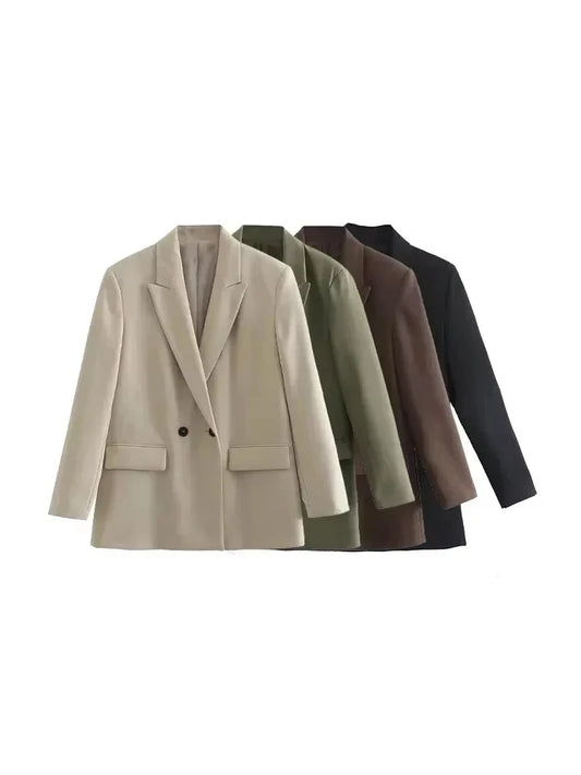 Women Fashion Double Breasted Loose Fitting Blazer Coat Vintage Long Sleeve Pockets Female Outerwear Chic Veste Femme