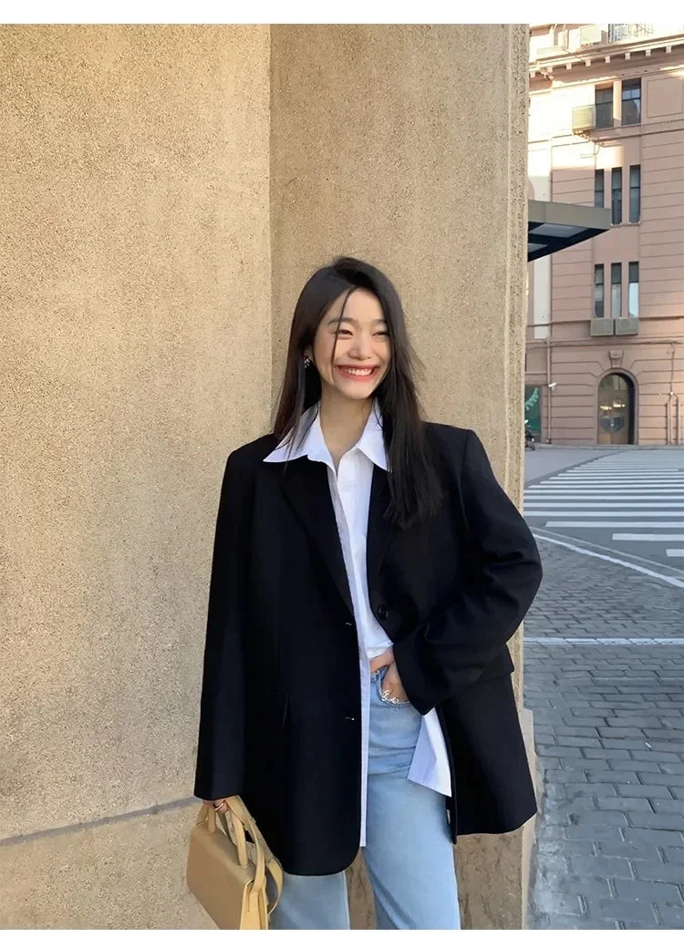 Women's Black Suit Jacket Long Sleeve Blazer Korean Fashion Back Split Office Blazer Ladies Loose Coat