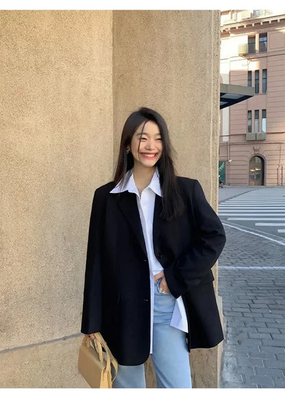 Women's Black Suit Jacket Long Sleeve Blazer Korean Fashion Back Split Office Blazer Ladies Loose Coat