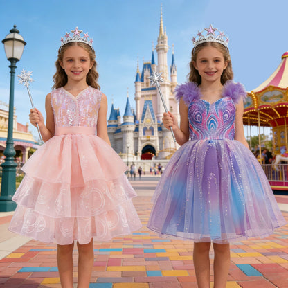 Good Witch Costume Girls Glinda Costume Dress Kids Wicked Cosplay Dress Up Outfits for Birthday Halloween 4-10Y