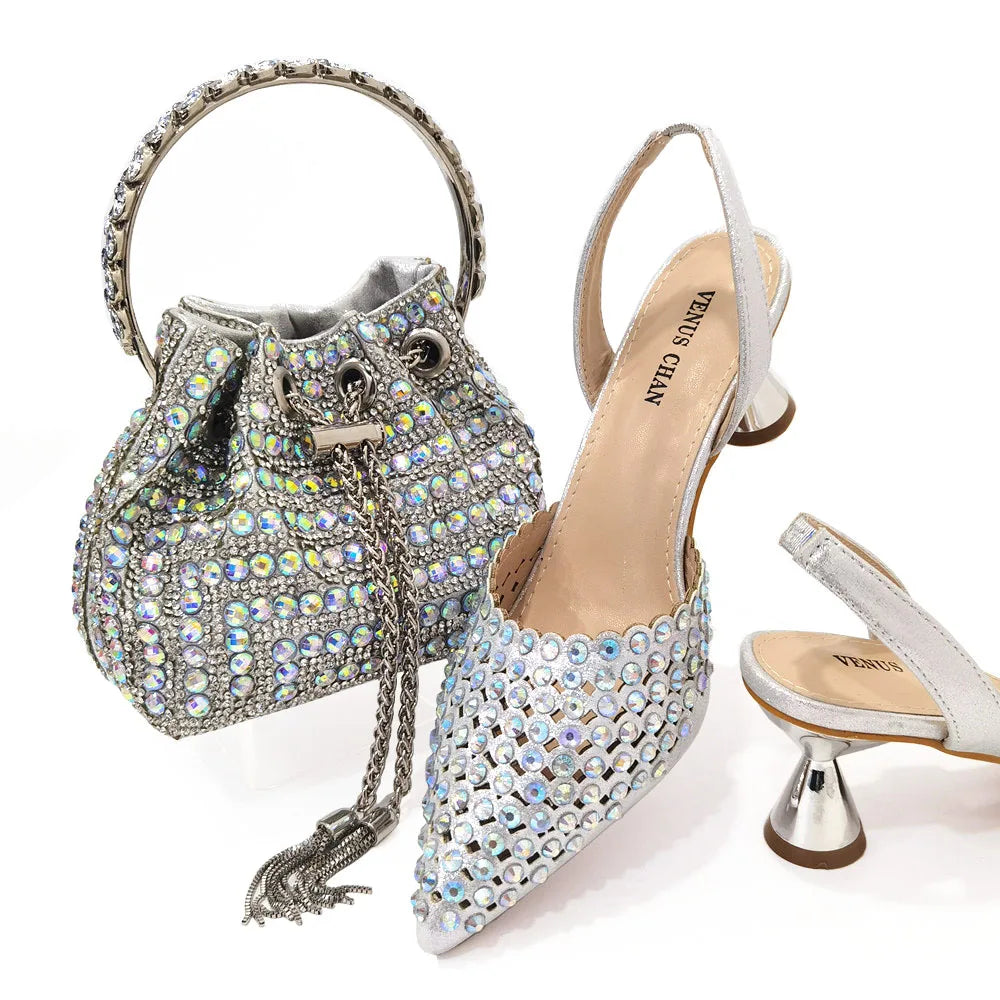 Shoes for Women High Heels 2023 Pointed Luxury Designer Colorful Stones Evening Party Matching Shoes and Bags Sets