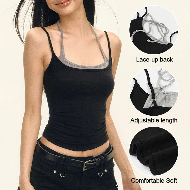 Summer Fashion Women's Splicing Halter Top Sexy Bandage Sleeveless Tank Tops Girls Knitted Camisoles Ropa De Mujer