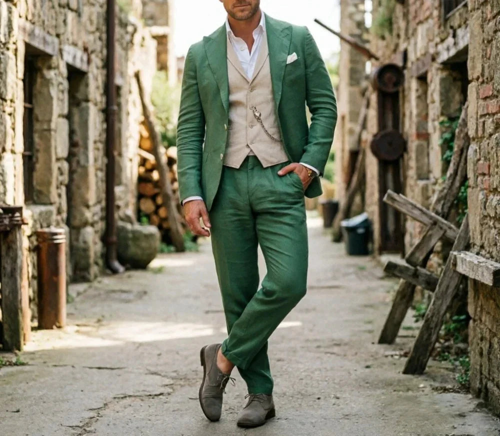 Sage Green Linen Men 3 Piece Suit Breathable Slim Fit Summer Beach Formal Wear For Wedding Business Party Occasion Outfit