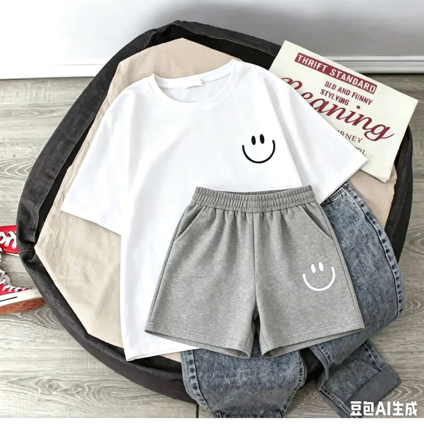 2026 New Summer Smiling Face Print Kids T-shirt Set Short-sleeved Pure Cotton Loose Basic Versatile Cool Simple Kids Outfit Tops