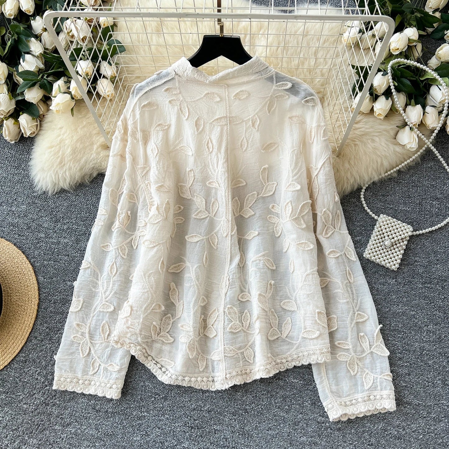 2025 Spring Gentle Women Blouse Leaves Embroidery Single Breasted Long Sleeves Summer Thin Streetwear Casual Shirt
