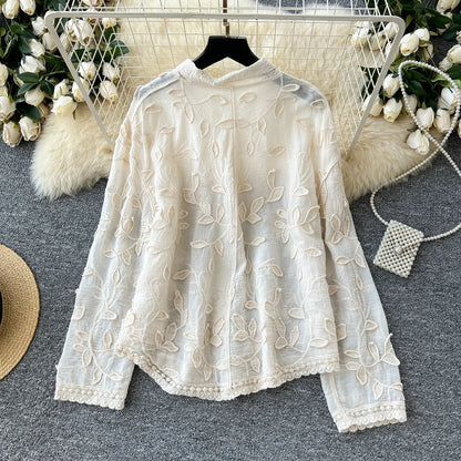 2025 Spring Gentle Women Blouse Leaves Embroidery Single Breasted Long Sleeves Summer Thin Streetwear Casual Shirt