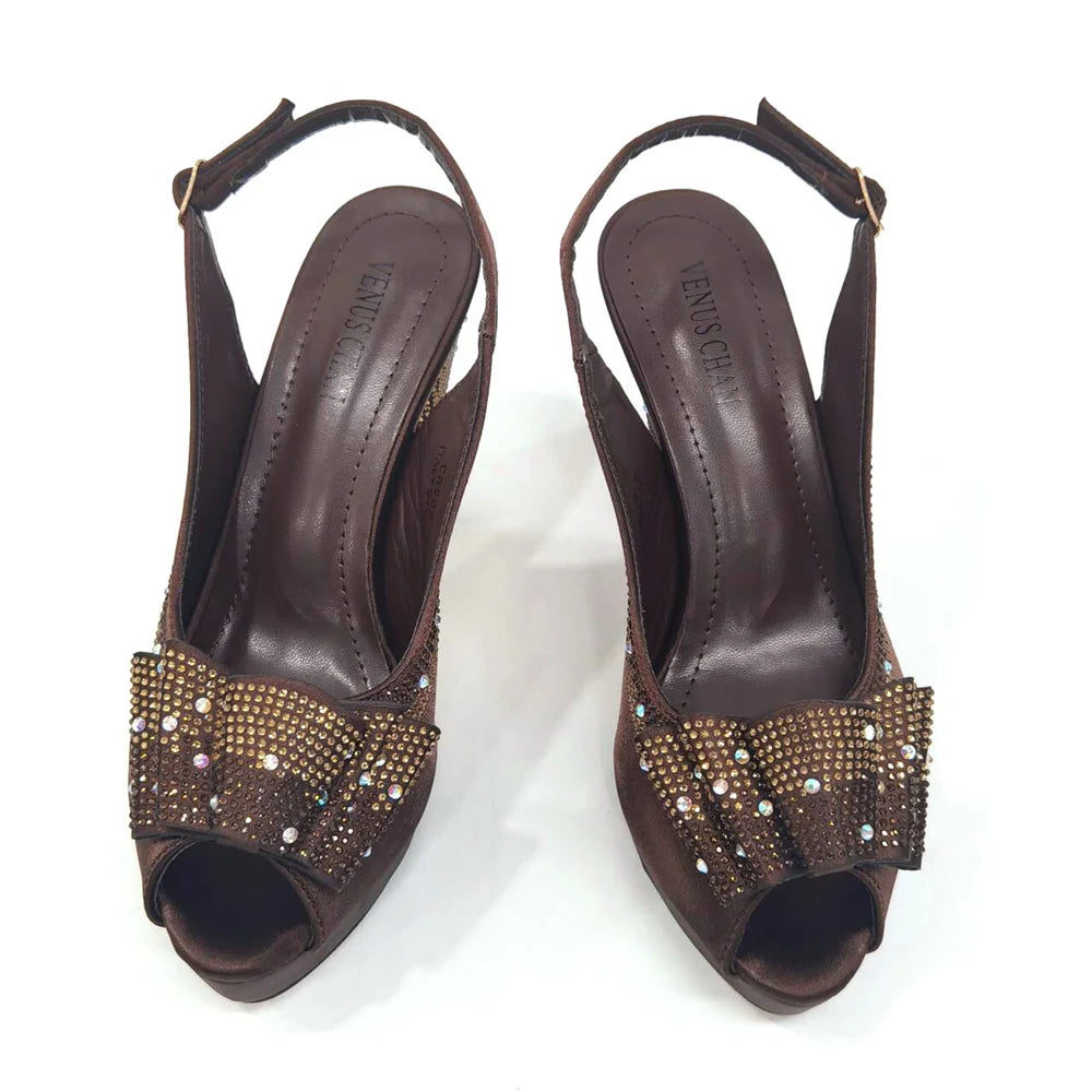 Women High Heels Sandals Printing Flower Material with Rhinestone Italian Design Coffee Color Open-Toed Shoes