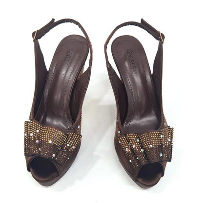 Women High Heels Sandals Printing Flower Material with Rhinestone Italian Design Coffee Color Open-Toed Shoes
