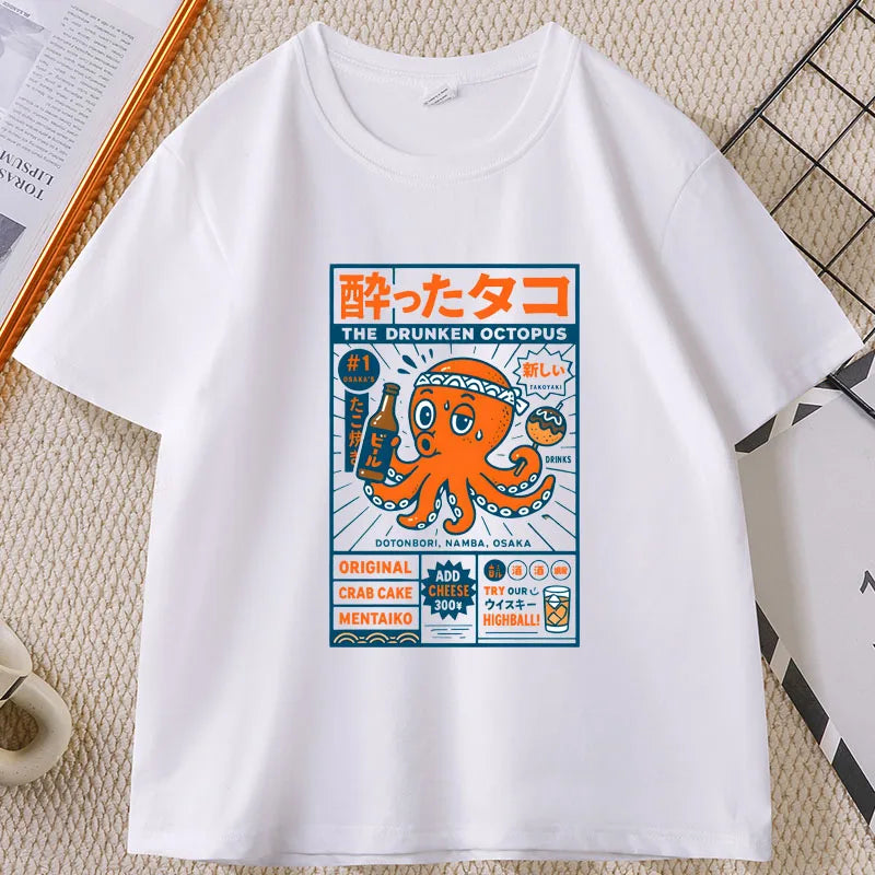 Japanese Style T-shirt drunken octopus Osaka Tshirt Seafood Men Women Graphic Tee Cotton Printed Short Sleeve T Shirt Streetwear