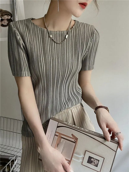Miyake Pleated Short Sleeve Women's 2023 Summer New Thin Stretch Crew Neck All-Matching Slim Fit Pleated Hollow T-shirt Women