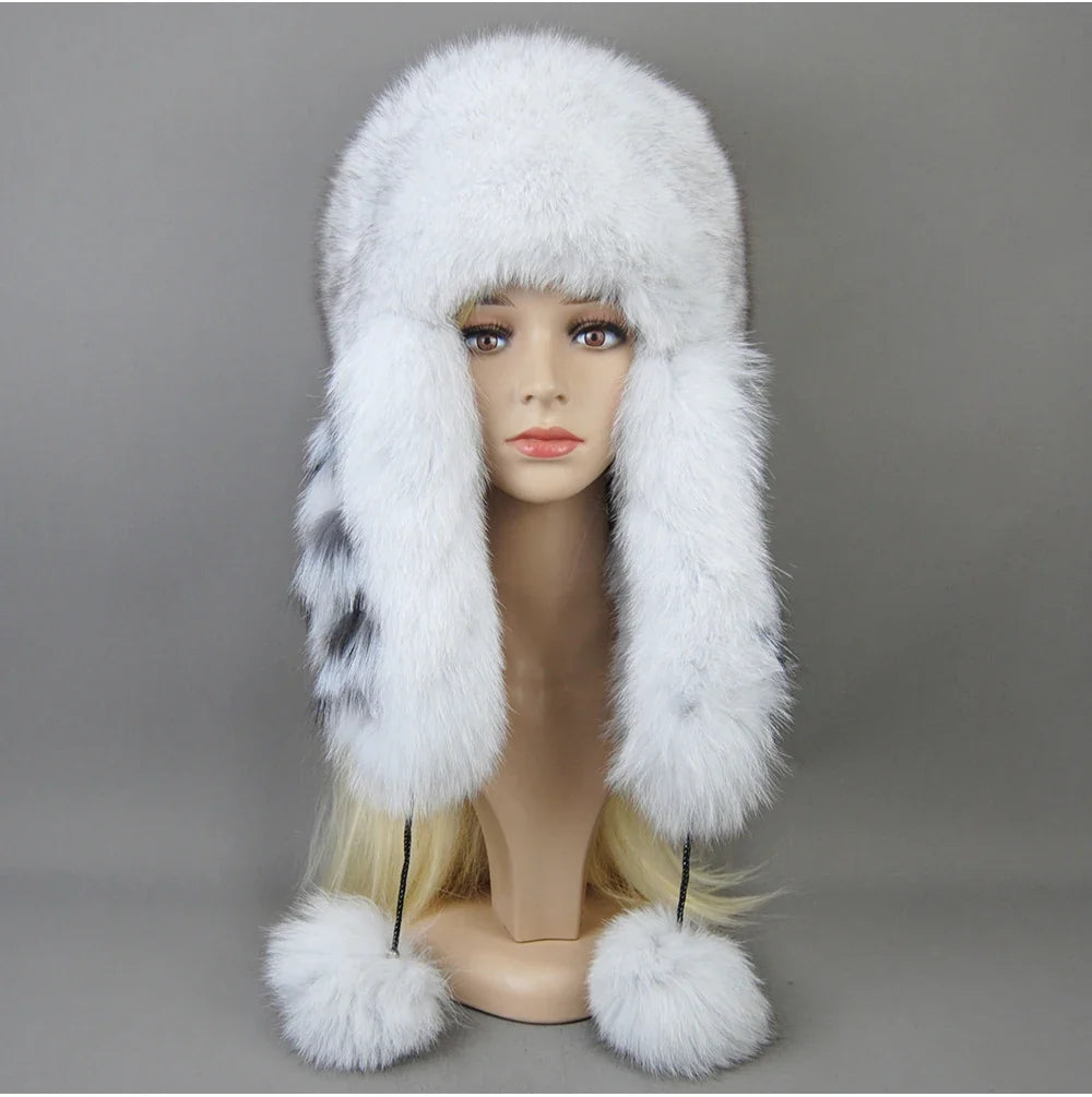 Hot Sale Lady Winter Warm Luxury 100% Natural Fox Fur Hat Fashion Fluffy Fox Fur Rex Rabbit Fur Caps Women Real Fur Bomber Hats